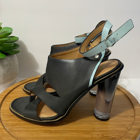 L.A.M.B. Black Leather Heel Aqua Ankle Strap Lucite Block Heel Sandal Women 9.5 - Picture 1 of 9